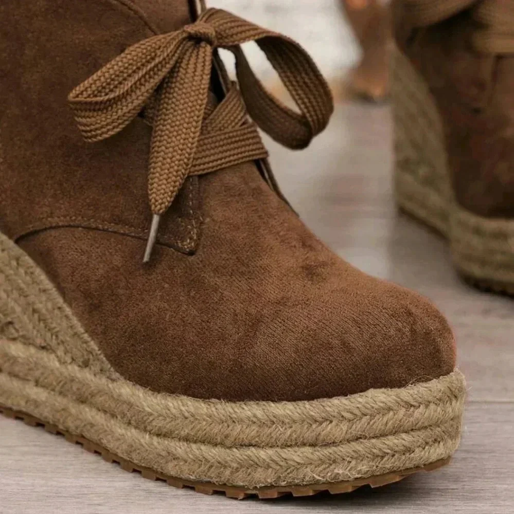 Women's Fashion Platform Boots With Solid Color Woven Shoelaces, All-Match And H - Picture 3 of 8